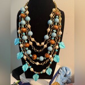 Vintage KJL Multi-Strand Statement Necklace – Turquoise, Pearl & Leaf Motif
